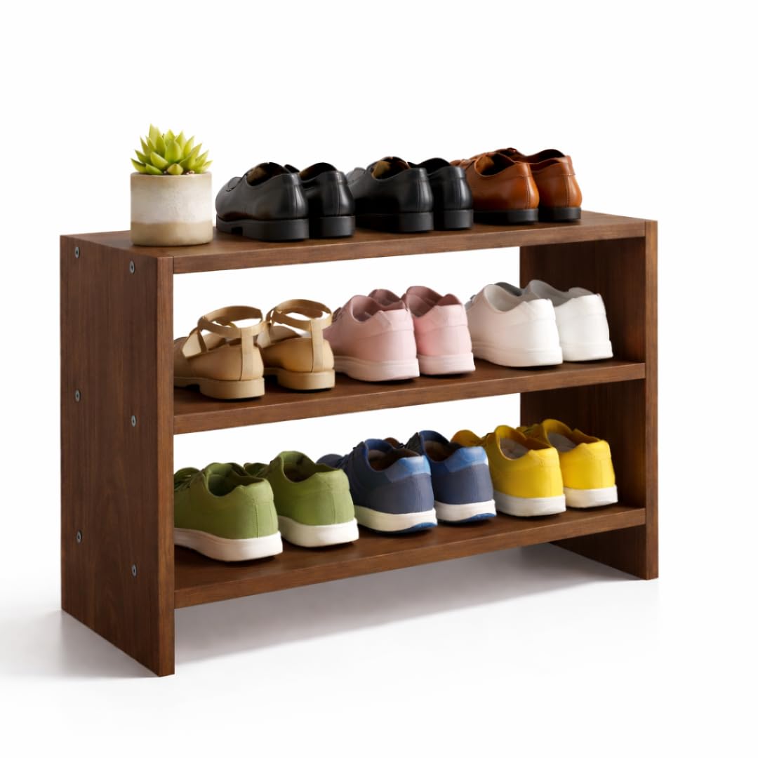 Zento 3-tier wooden shoe rack in walnut brown, front view