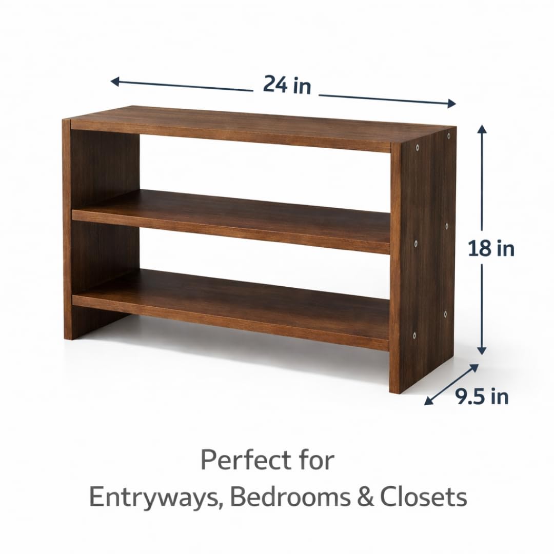 Zento 3-tier wooden shoe rack in walnut brown, front view