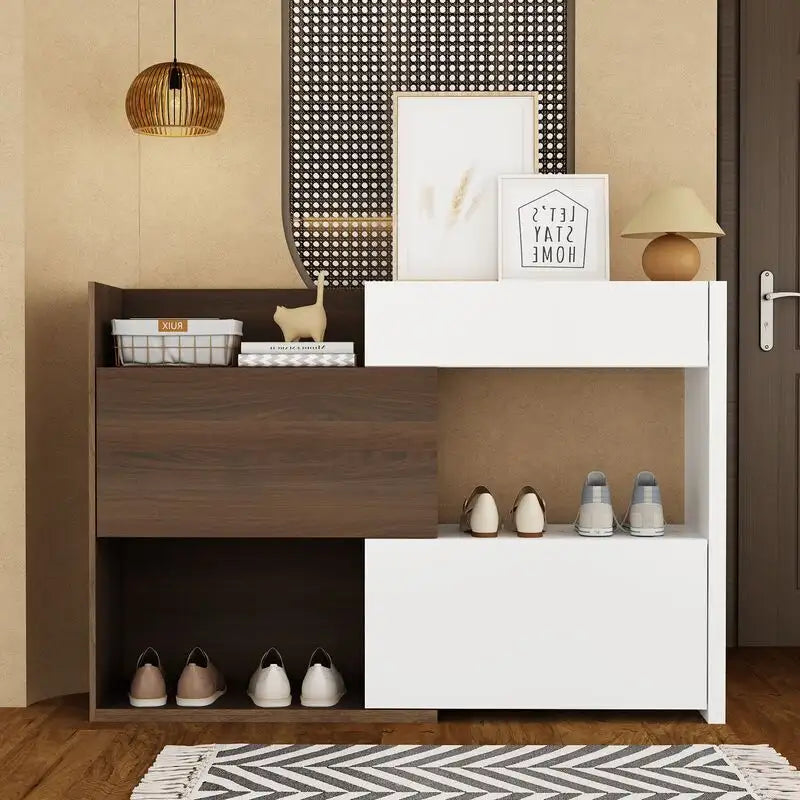 3-Tier Shoe Cabinet – 10 Pair Storage | White &amp; Brown | 40.5" Tall