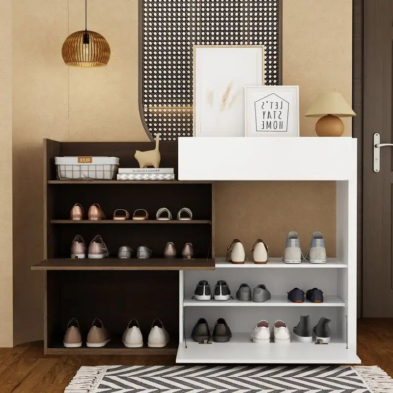 3-Tier Shoe Cabinet – 10 Pair Storage | White &amp; Brown | 40.5" Tall