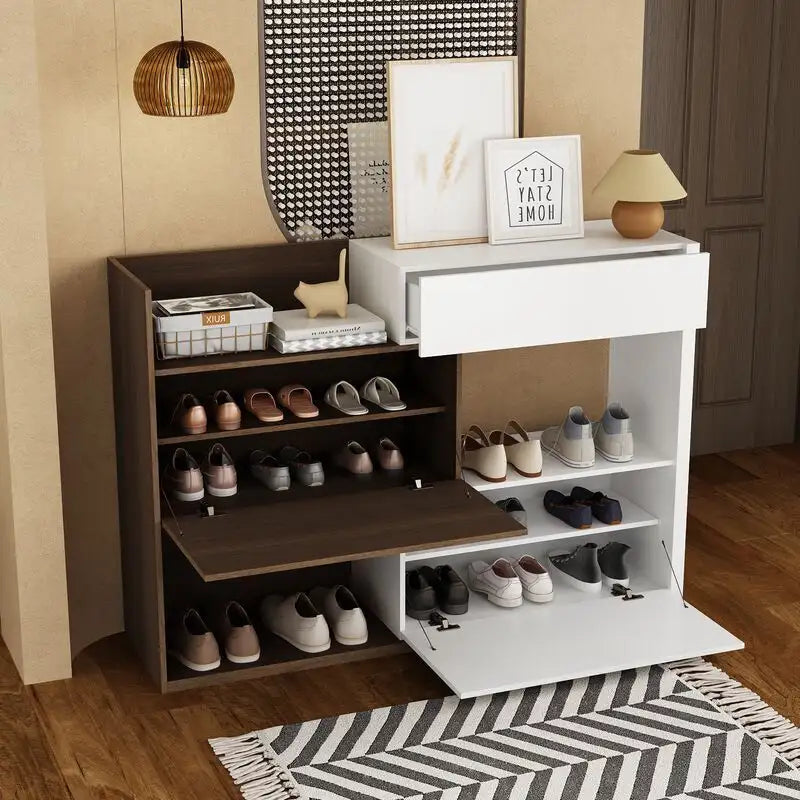 3-Tier Shoe Cabinet – 10 Pair Storage | White &amp; Brown | 40.5" Tall