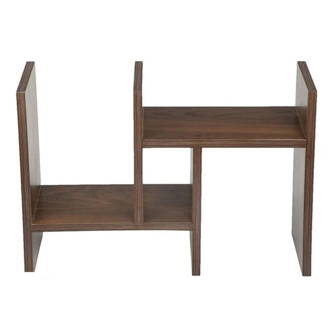 Wooden desk organizer shelf in walnut brown, front view