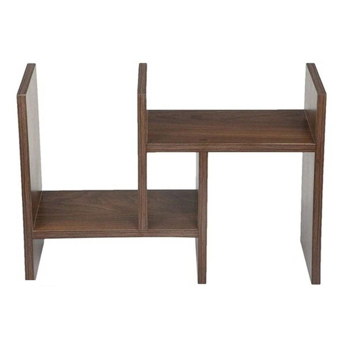 Wooden desk organizer shelf in walnut brown, front view