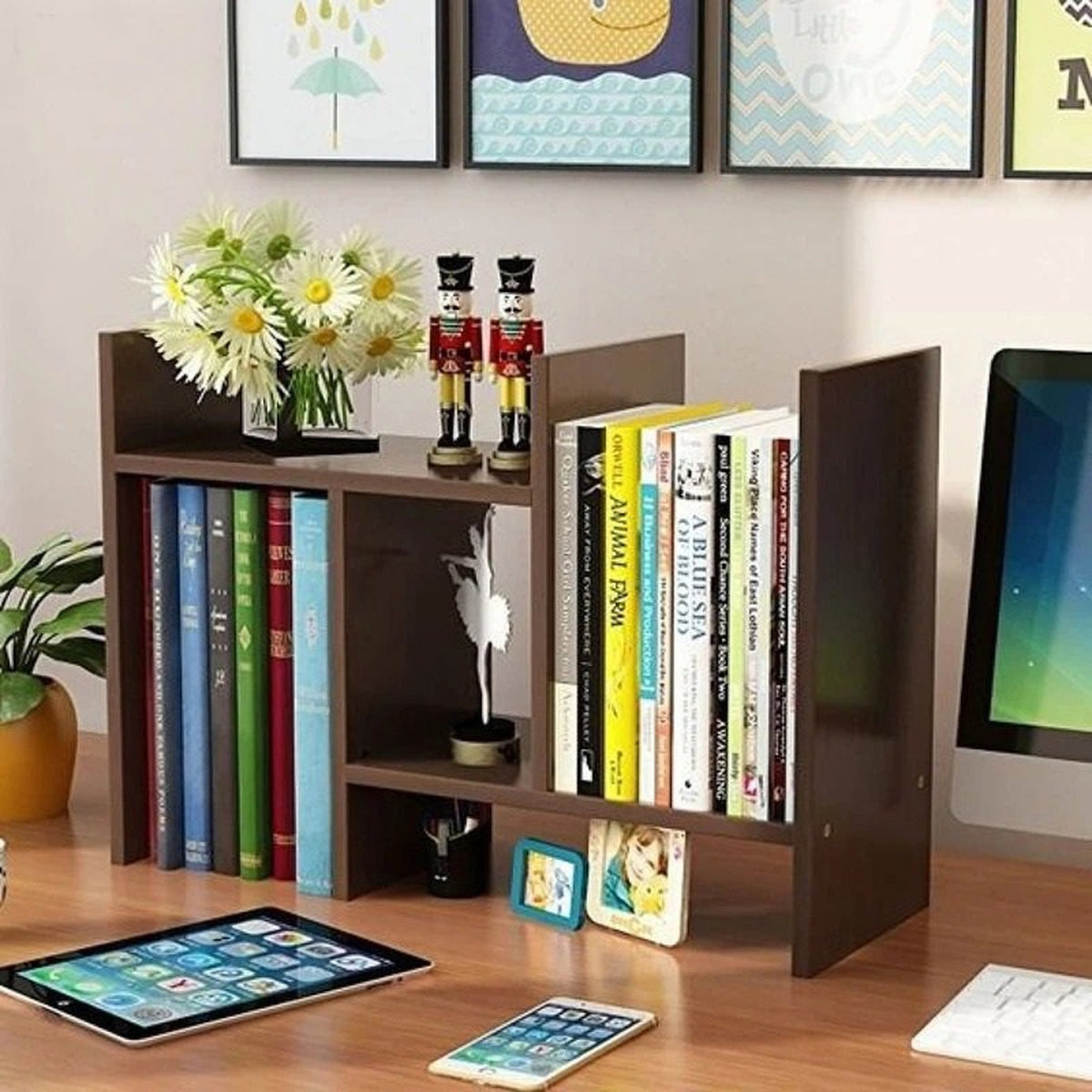 Walnut desk organizer styled with books and decor on an office desk
