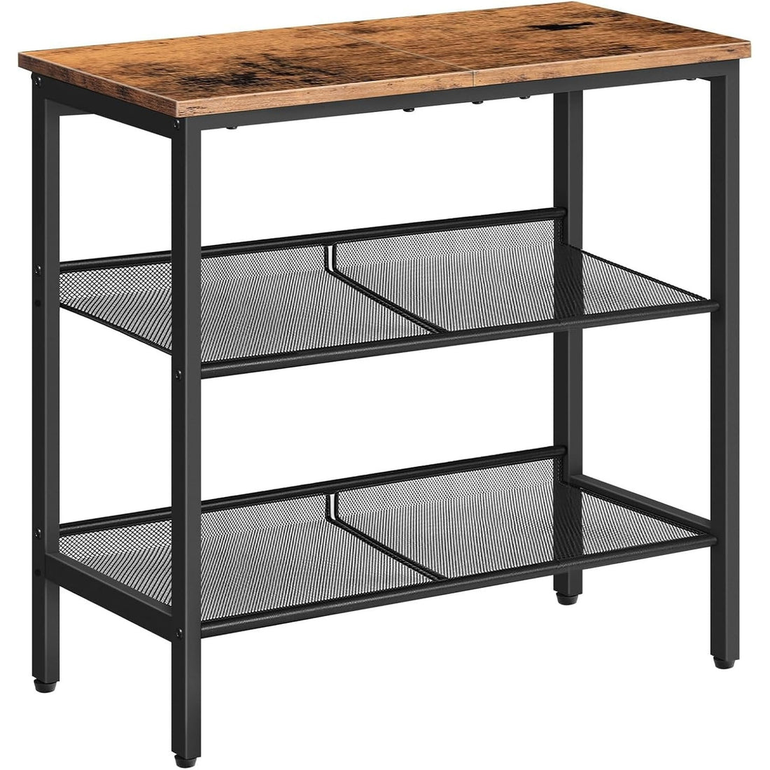 Zento 3-tier wooden side table with adjustable shelves, rustic brown and black, front view