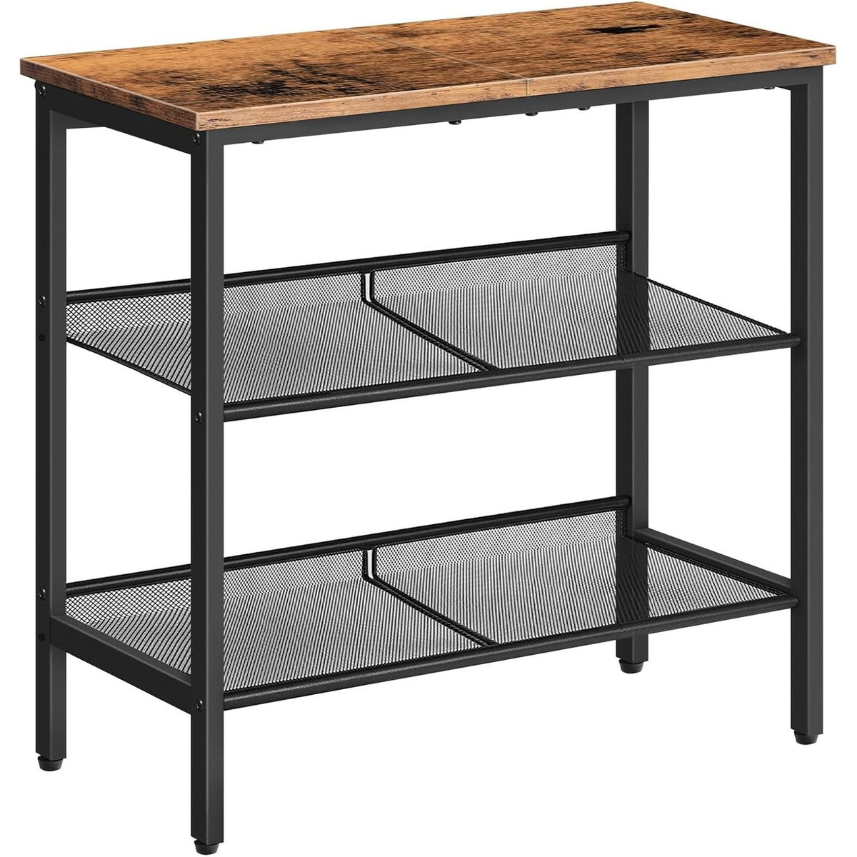 Zento 3-tier wooden side table with adjustable shelves, rustic brown and black, front view
