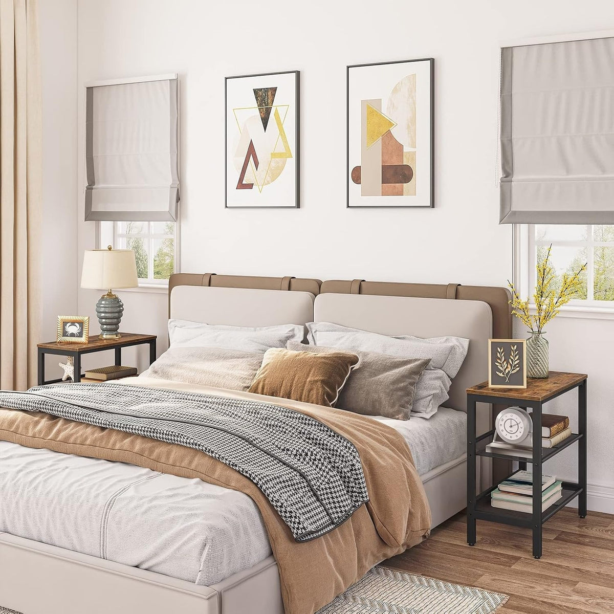Wooden side tables used as bedside tables in a bedroom