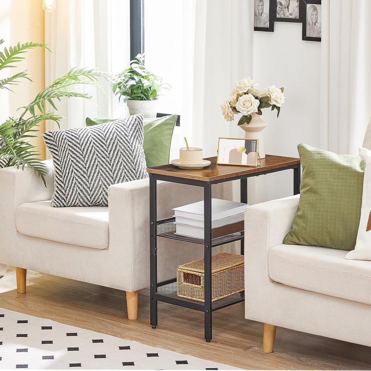 Wooden side table styled beside a sofa in a living room