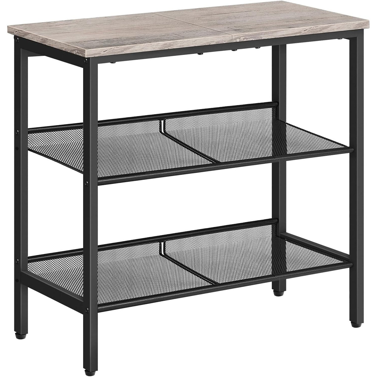 Greige and black finish 3-tier wooden side table, front view
