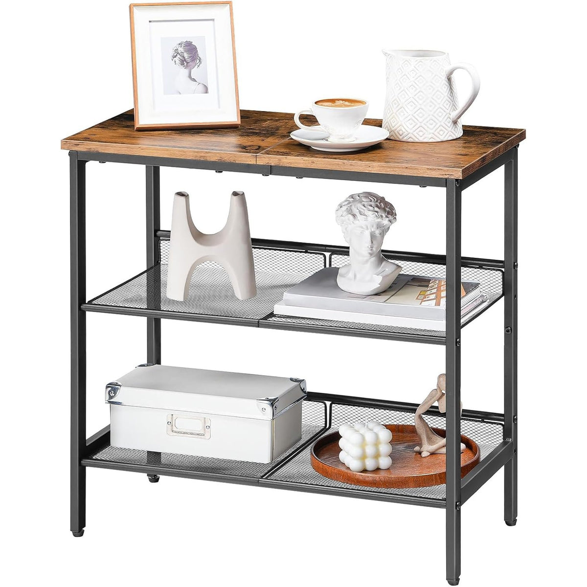 Rustic brown side table styled with vases, books and decor