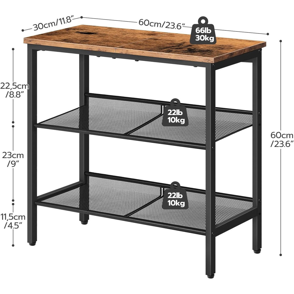 Side table dimensions: 60 x 30 x 60 cm with load capacity diagram