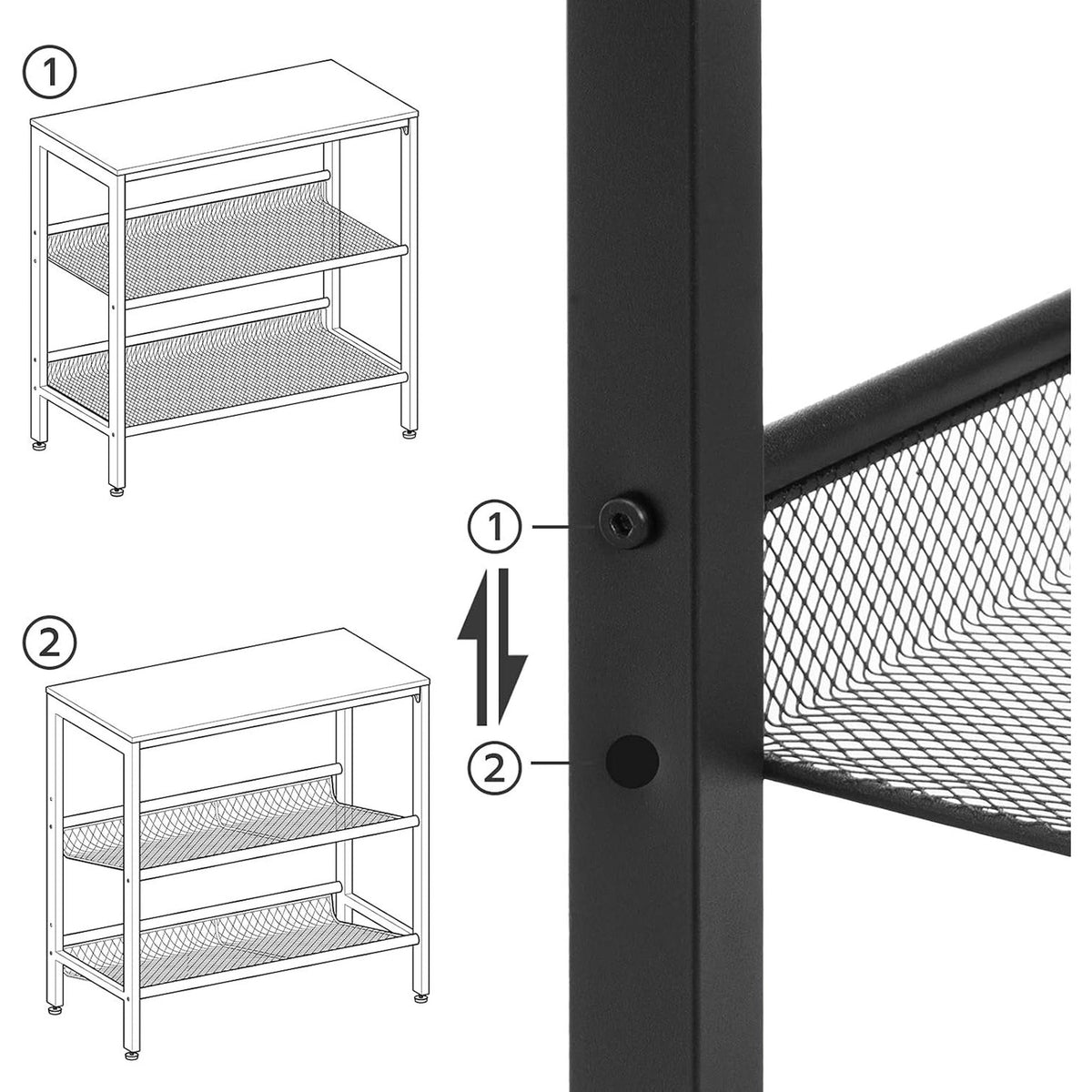 Adjustable shelf mechanism: flat and tilted positions diagram
