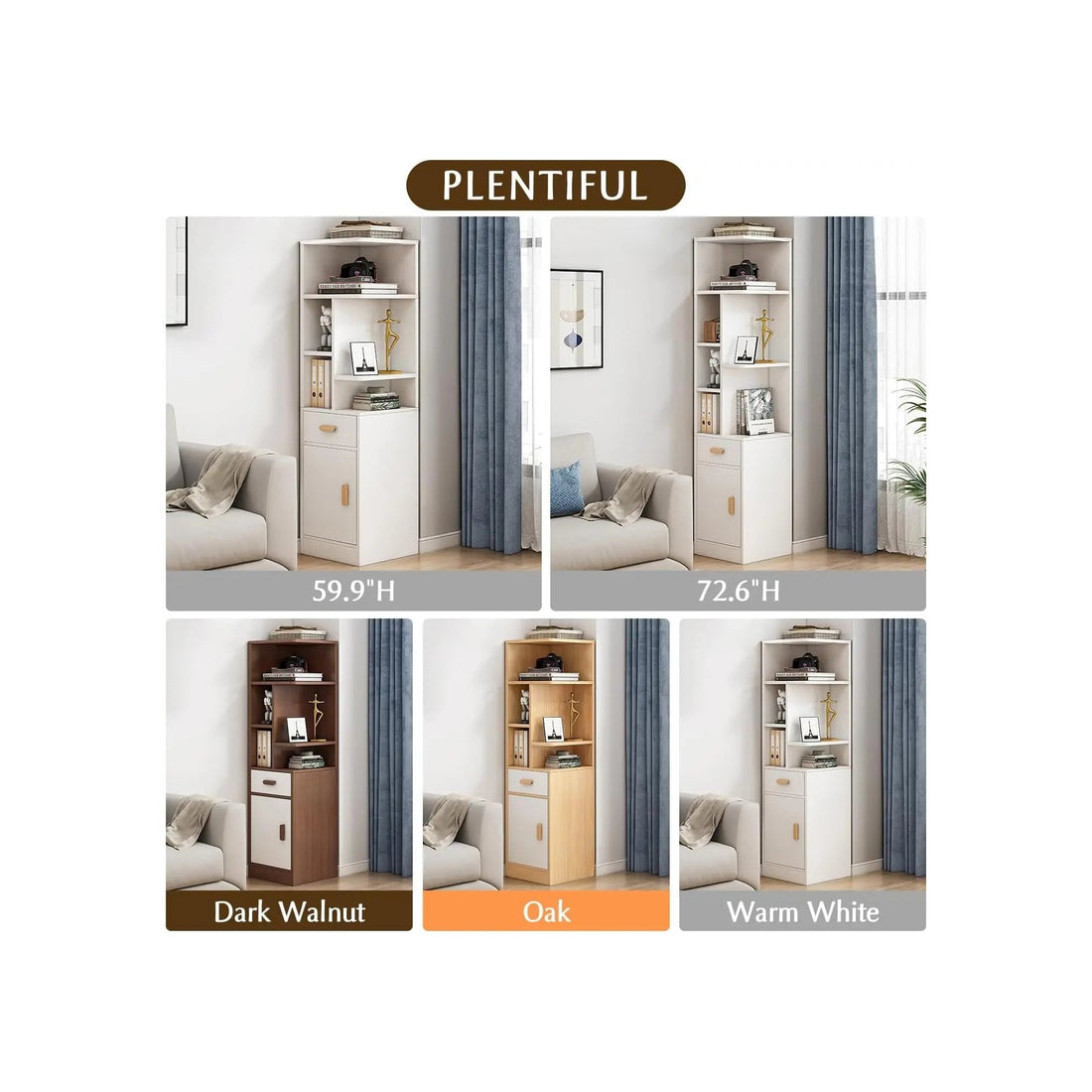 White 5-tier corner book shelf with drawer and cabinet shown in living room settings