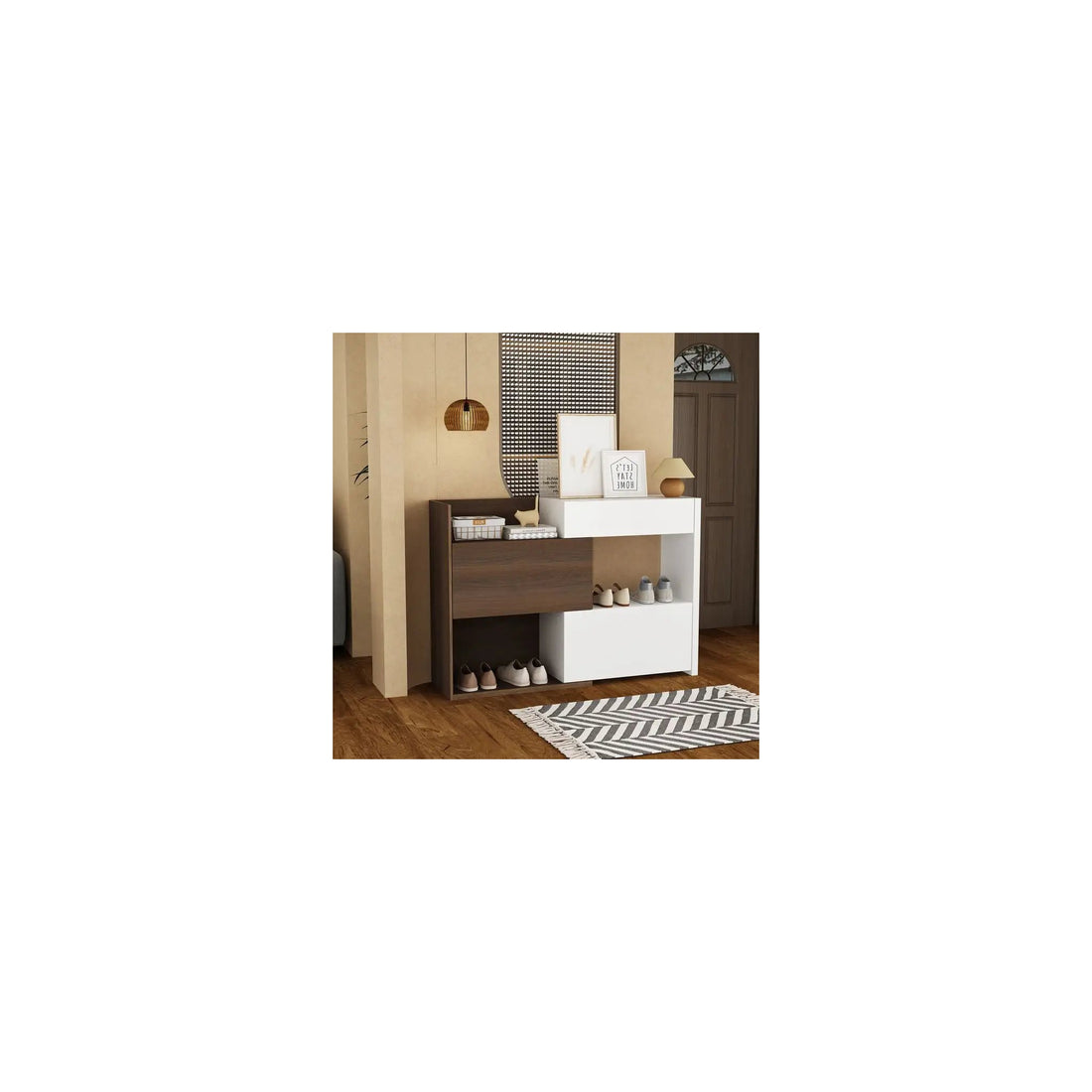 Wooden shoe cabinet in white and brown, front view with doors closed