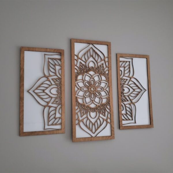 Flower mandala wood wall art, 3 panel in natural or 11 other finishes, decor wall art original