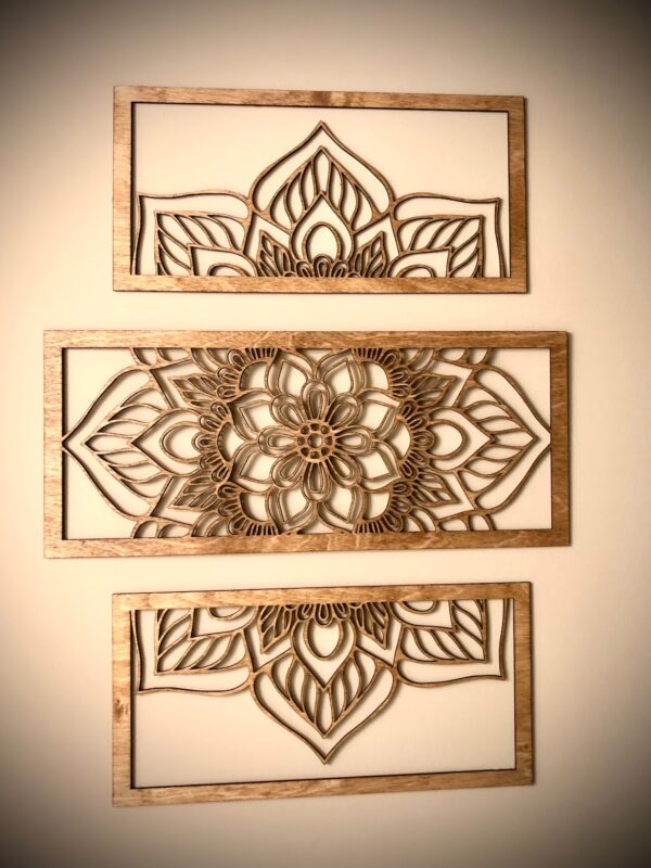 Flower mandala wood wall art, 3 panel in natural or 11 other finishes, decor wall art original