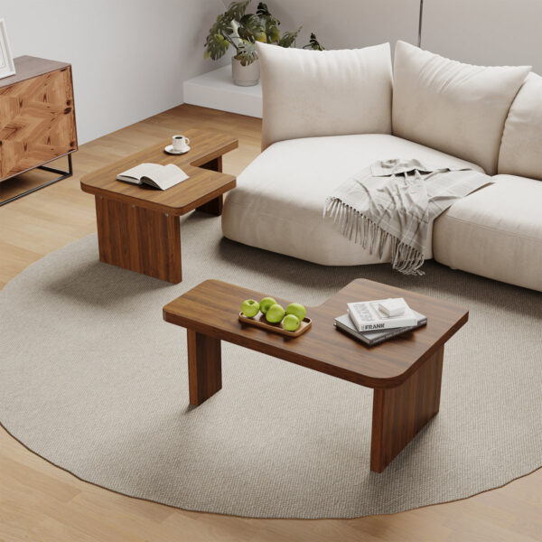 Wood Coffee Table Set of 2 – Mid-Century Modern Square Tables, Adjustable Shape for Living Room