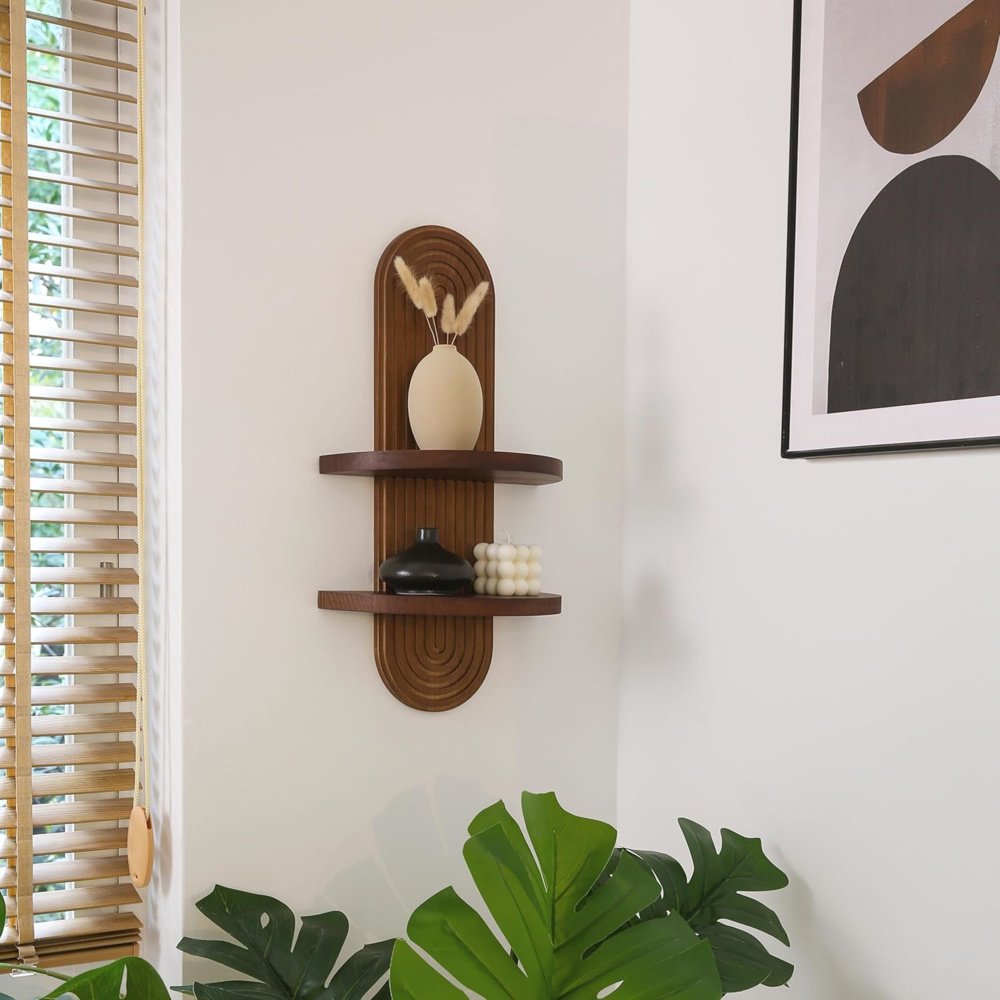 Zento Stores - Modern Wall Shelf with Arched Wood Design Mid-Century Double Floating Rainbow Shelves for Indoor Decoration Holding Planter Ornaments, 22 x 11.6 Inch - SF-842 (2) Modern arched wood shelf for boho home decor with plants and books" "Mid-century floating rainbow shelves in walnut finish for wall decoration