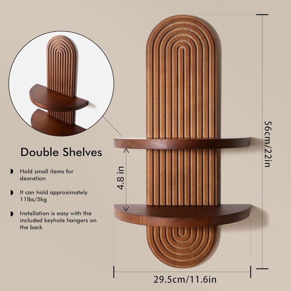 Zento Stores - Modern Wall Shelf with Arched Wood Design Mid-Century Double Floating Rainbow Shelves for Indoor Decoration Holding Planter Ornaments, 22 x 11.6 Inch - SF-842 (3) Modern arched wood shelf for boho home decor with plants and books" "Mid-century floating rainbow shelves in walnut finish for wall decoration