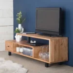 Asymmetrical wood and metal TV cabinet, one drawer
