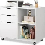 DEVAISE 3-Drawer Wood File Cabinet, Mobile Lateral Filing Cabinet, Printer Stand with Open Storage Shelves for Home Office, White
